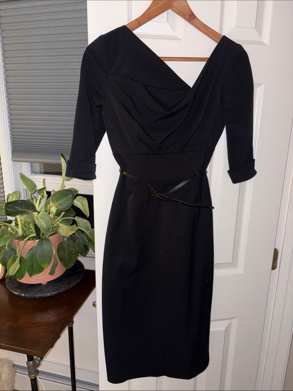 Black Halo Black Draped Midi Sheath Dress